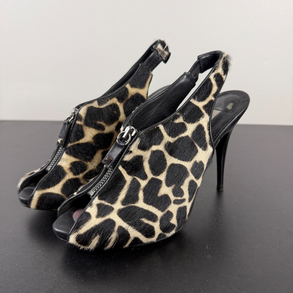 Uterque Slingback Heels Womens 37 Black Leopard Print Calf Hair Front Zip Career